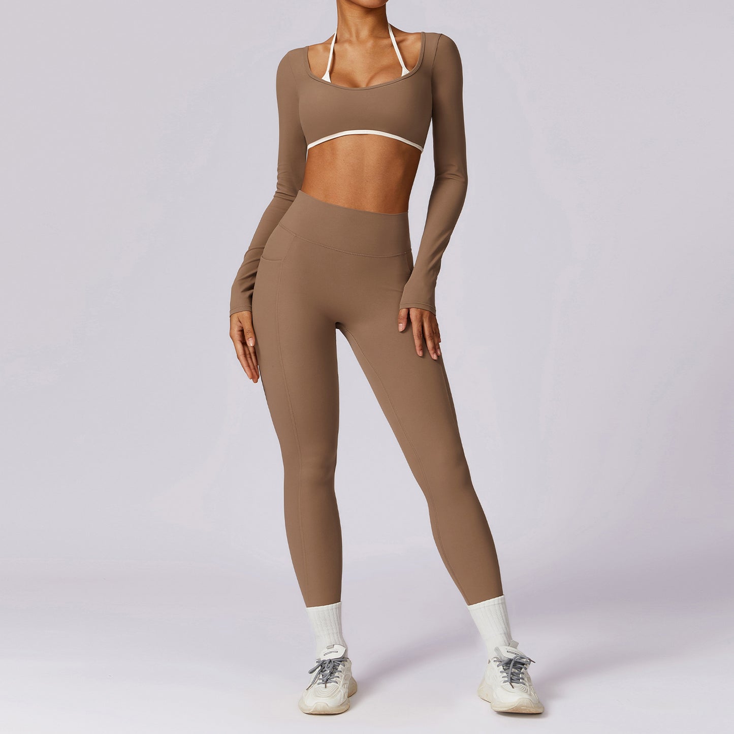 Spring All-matching Casual Contrast Color Beauty Back Yoga Clothes Suit for Women Long Sleeve Gold Ammonia Cloud Fabric Tight Fit Breathable Sports Set