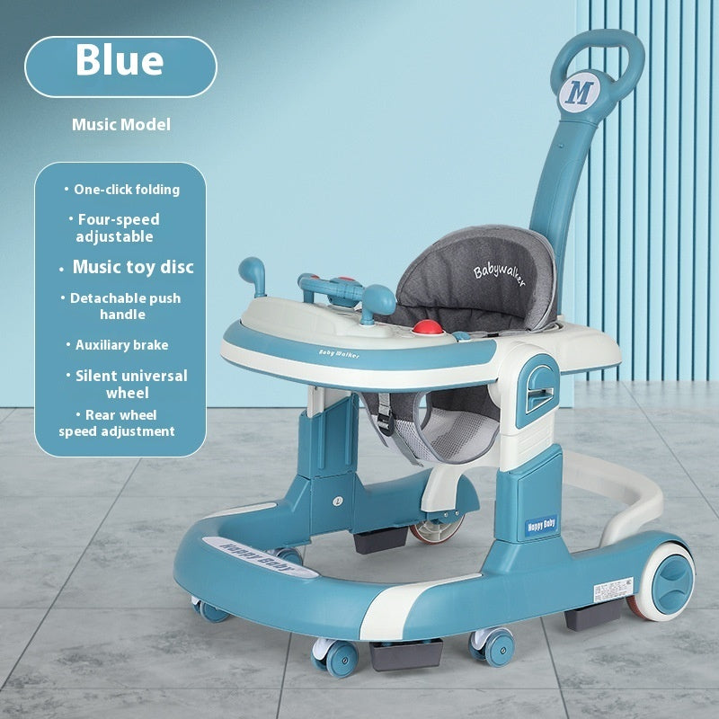 Lightweight Foldable Baby Walker with Push Handle | Multifunctional Anti-Rollover Infant Walking Aid with Music Toy Tray & Height Adjustment