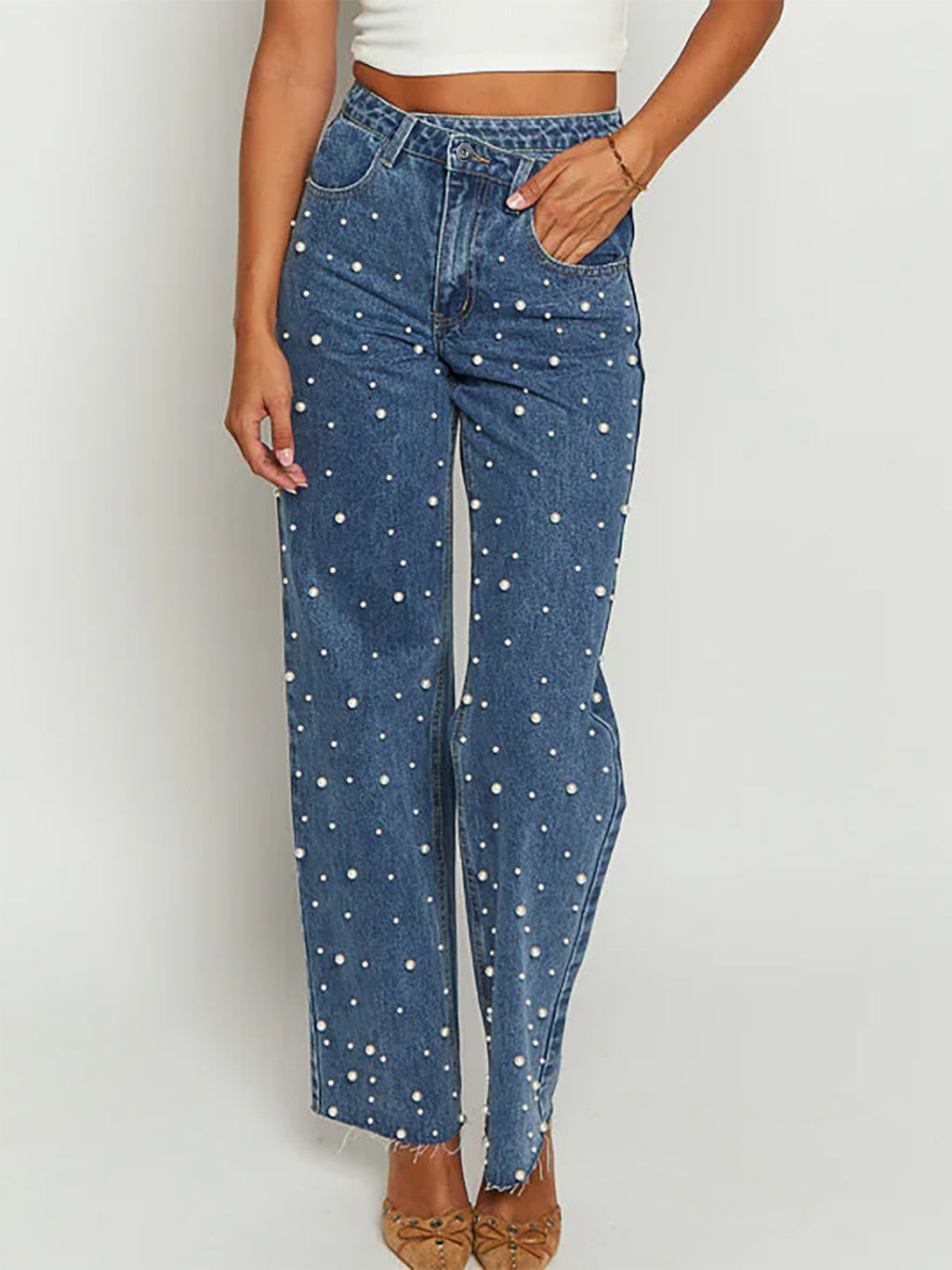 Distressed Straight-Leg Jeans with Beaded Detail