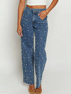 Distressed Straight-Leg Jeans with Beaded Detail