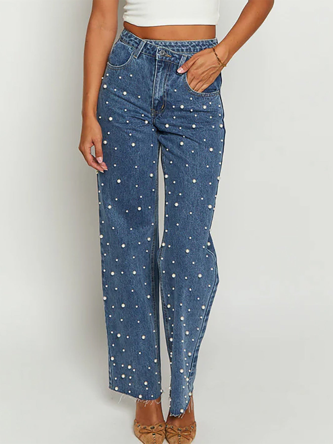 Distressed Straight-Leg Jeans with Beaded Detail