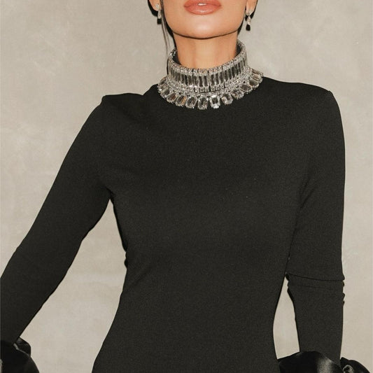 Elegant Rhinestone Collar Bell Sleeve Dress