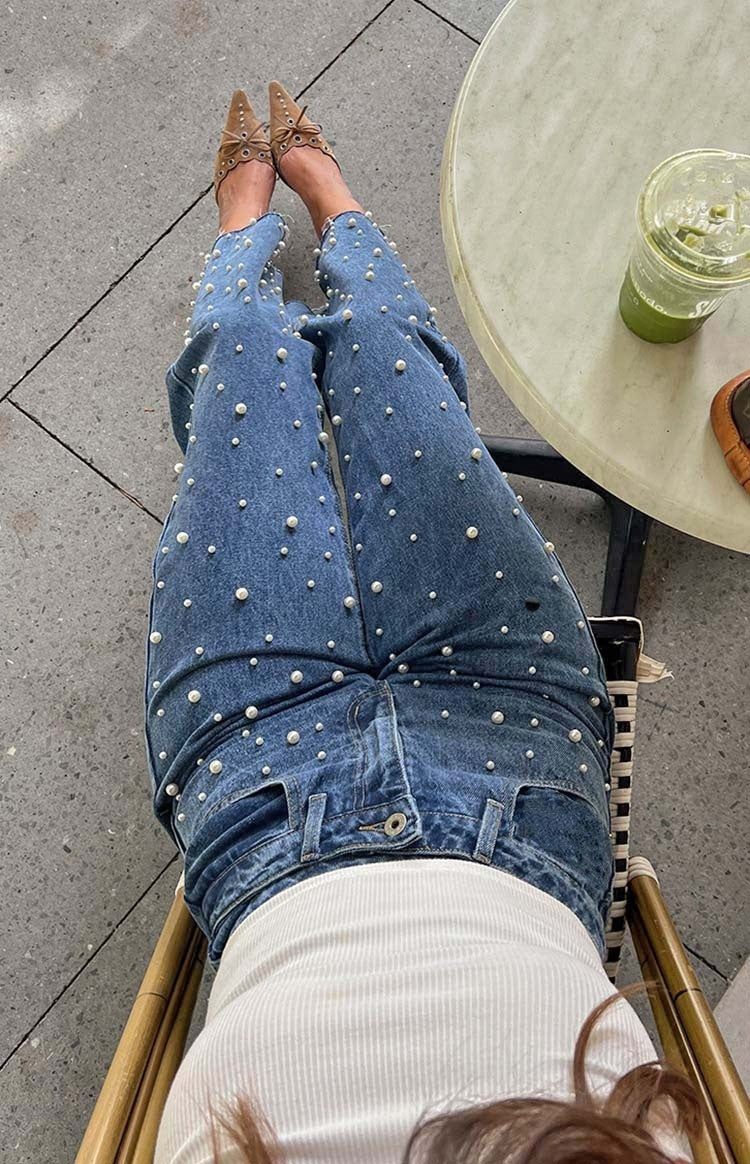 Distressed Straight-Leg Jeans with Beaded Detail