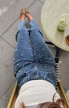 Distressed Straight-Leg Jeans with Beaded Detail