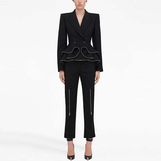 Zipper Ruffled Blazer & Skinny Pants Two-Piece Suit