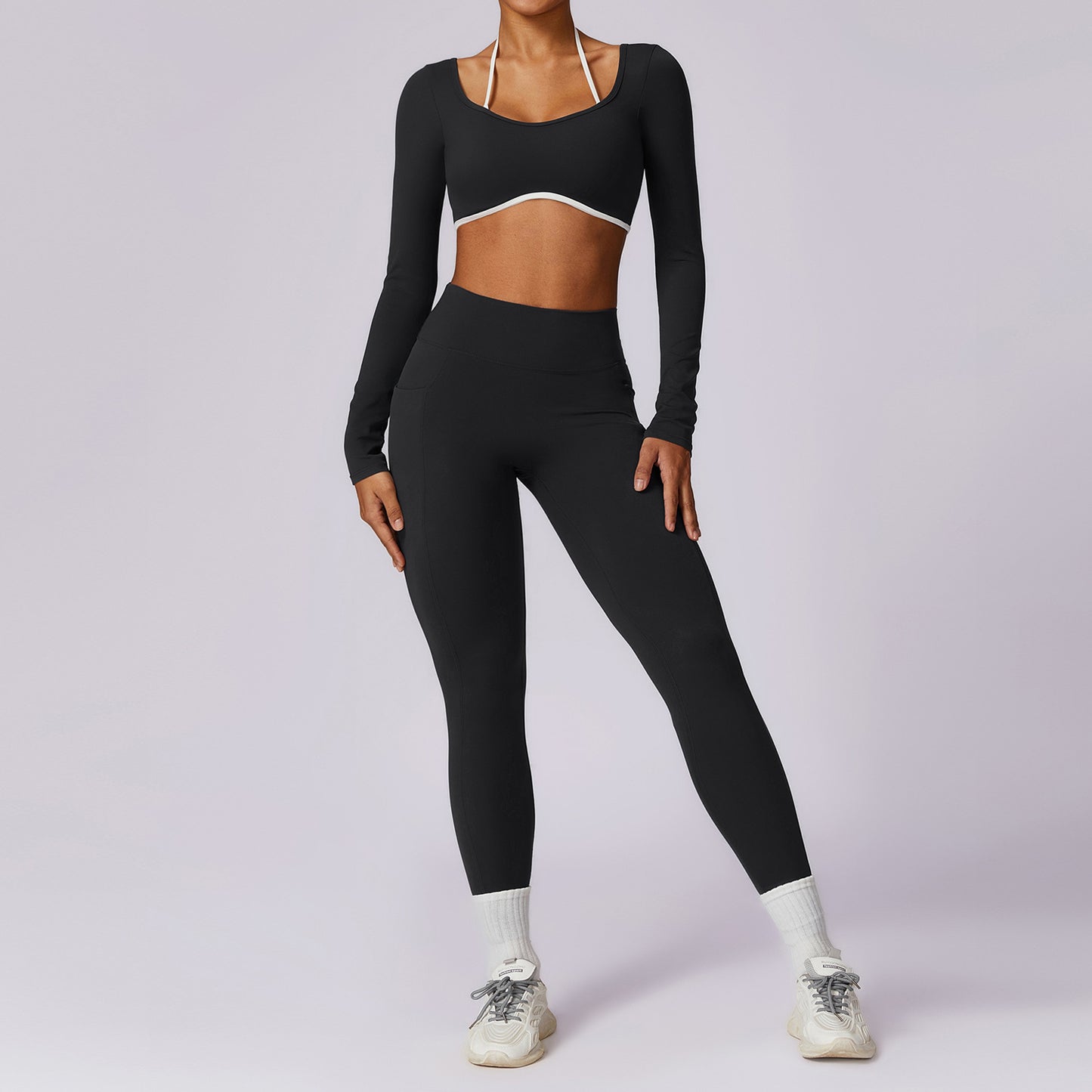 Spring All-matching Casual Contrast Color Beauty Back Yoga Clothes Suit for Women Long Sleeve Gold Ammonia Cloud Fabric Tight Fit Breathable Sports Set