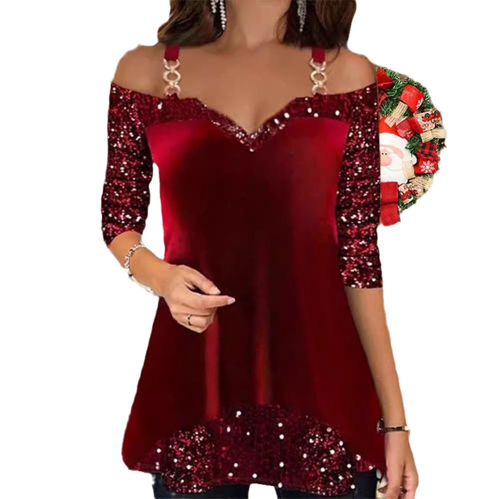 Elegant Solid Suede & Sequin Spliced Sling Top
