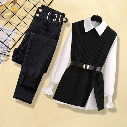 Women's Knitted Vest Shirt Jeans Three-piece Set