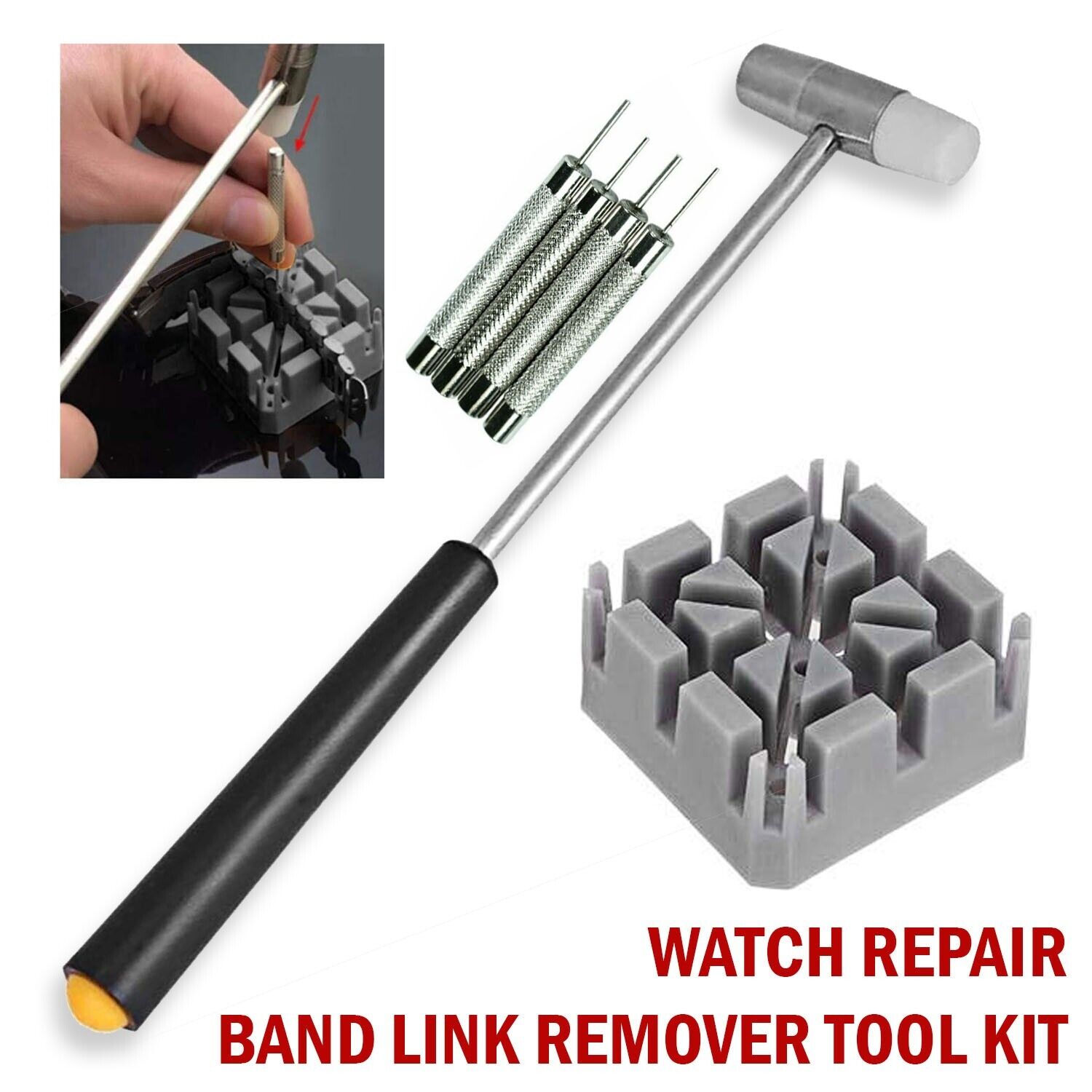 Watch Repair Band Link Remover Tool Kit - Hammer Punch Pins Watch Strap Holder