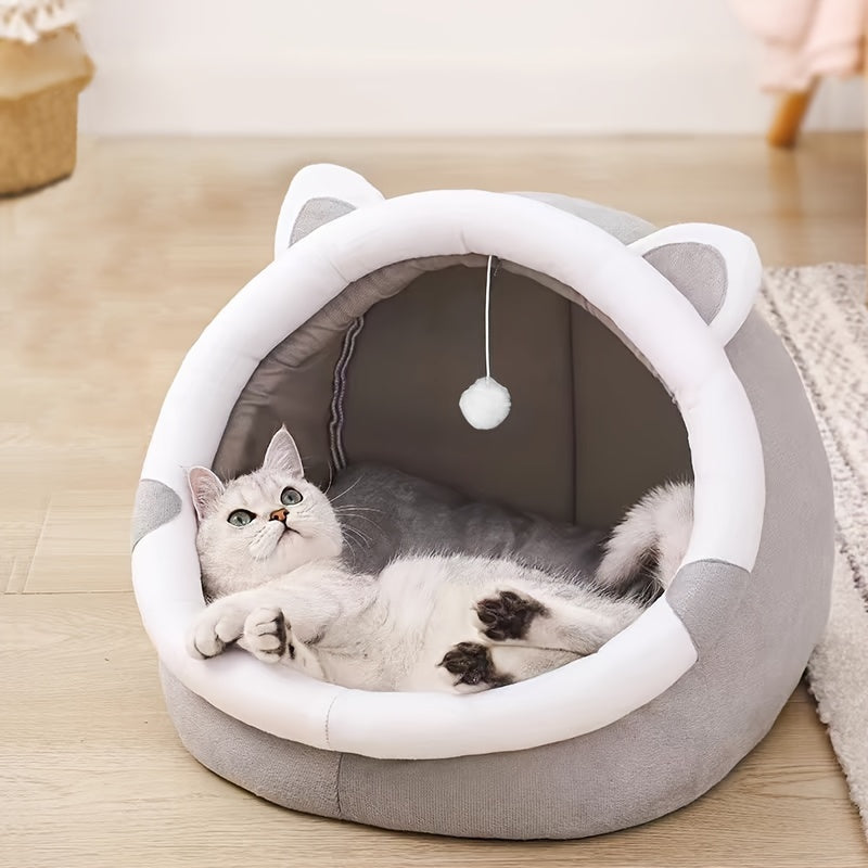 Cozy Cartoon Cat Cave Bed - Foldable & Portable Sponge Pet House for Indoor Cats, Cabin Style