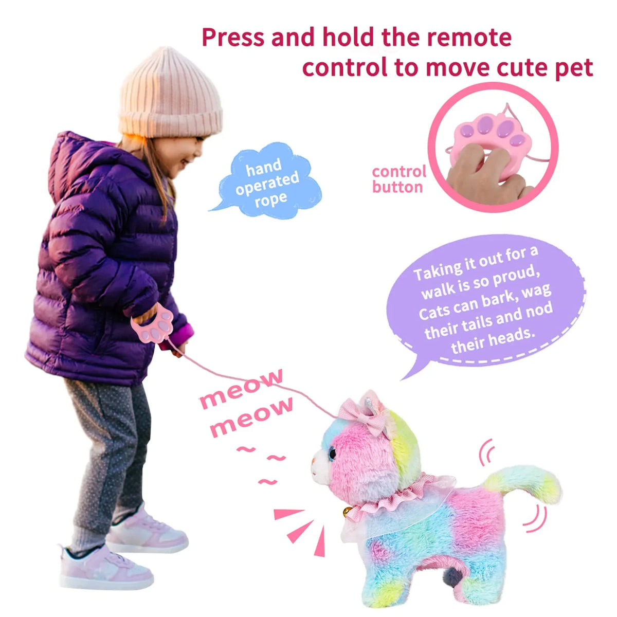 Interactive Walking Cat Toy for Kids – Touch & Voice Control with Remote Leash
