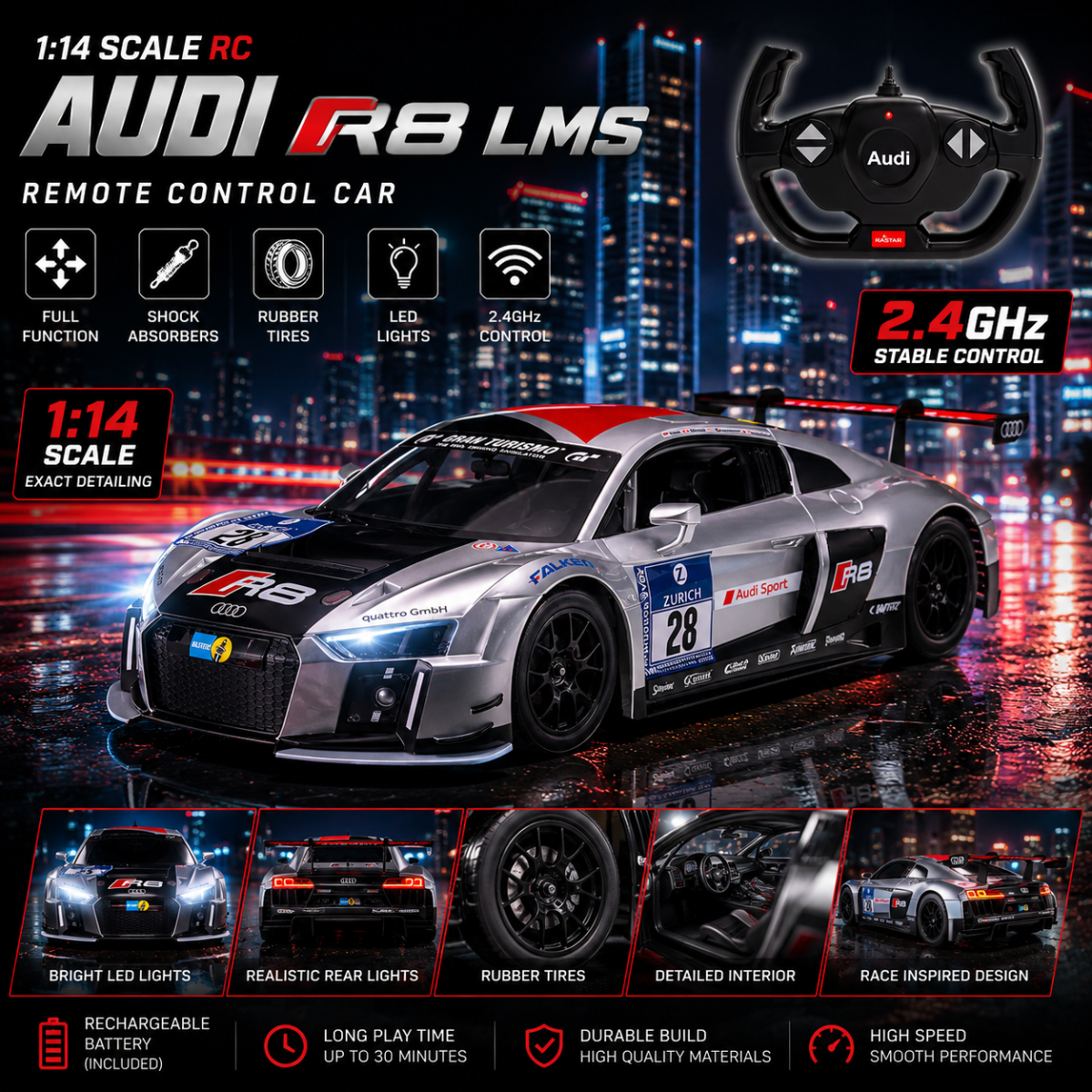 Realistic Audi R8 LMS remote control race car in white finish