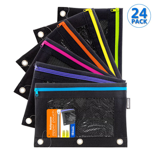 3 Ring Pencil Pouch, Mesh Window, Neon Black Color 24-Pack