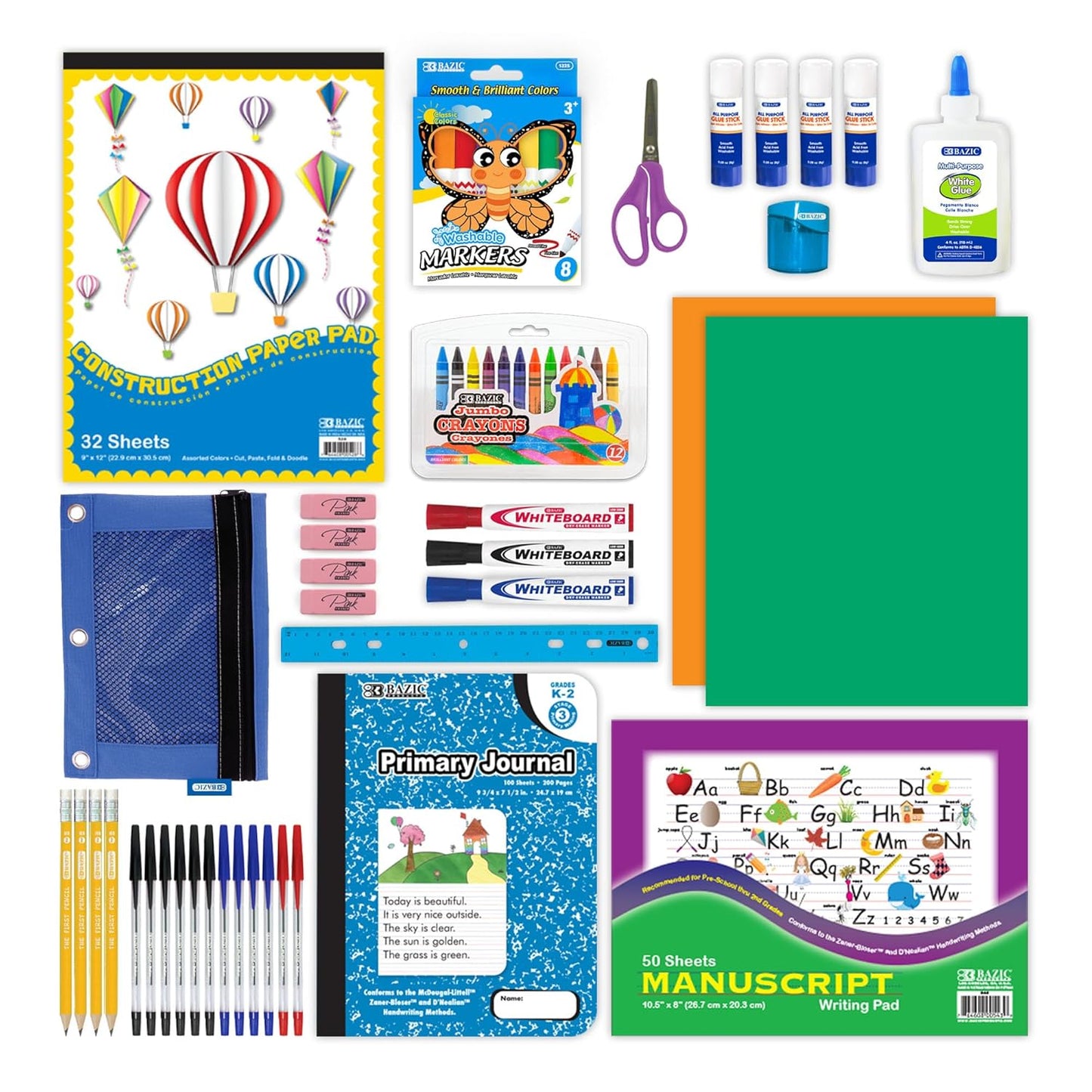 Primary School Kit Supply Box ✏️📓 | 57 Count Back‑to‑School Essentials for Kindergarten–Grade 6 🎨🖍️ | Composition Book + Coloring Pencils (Colors May Vary) | 1 Pack