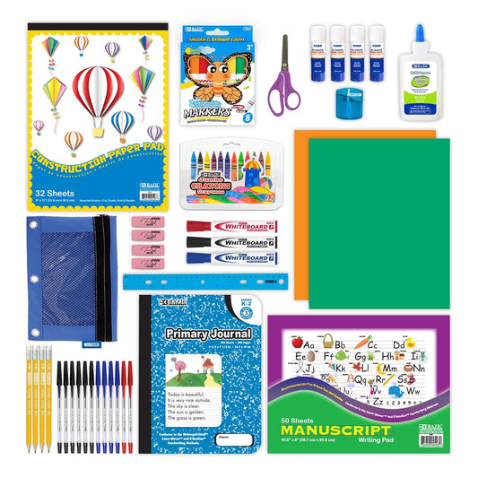 Primary School Supply Kit Box – 57 Count Back to School Essentials for Kindergarten to Grade 6 | Complete Student Classroom Supplies with Crayons, Markers, Notebook & Art Supplies