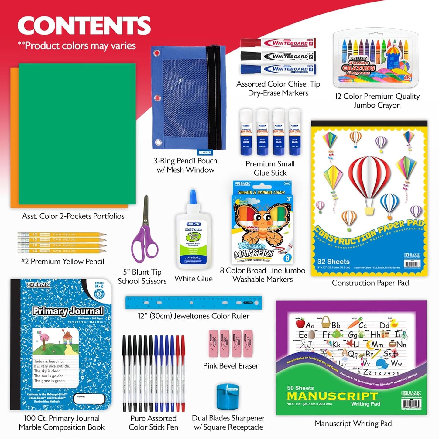 Primary School Kit Supply Box ✏️📓 | 57 Count Back‑to‑School Essentials for Kindergarten–Grade 6 🎨🖍️ | Composition Book + Coloring Pencils (Colors May Vary) | 1 Pack