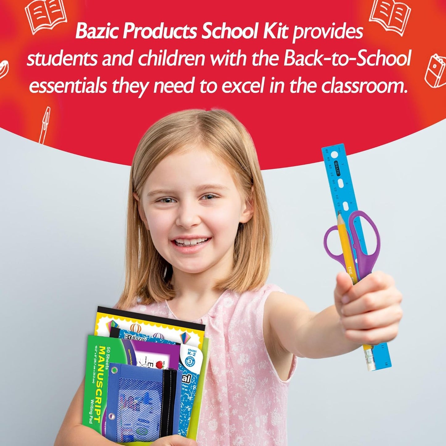 Primary School Kit Supply Box ✏️📓 | 57 Count Back‑to‑School Essentials for Kindergarten–Grade 6 🎨🖍️ | Composition Book + Coloring Pencils (Colors May Vary) | 1 Pack