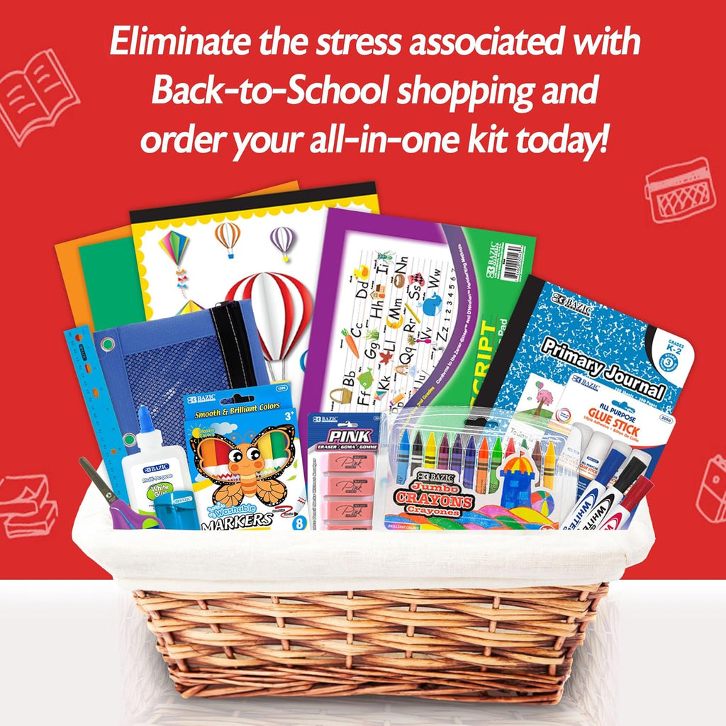 Primary School Supply Kit Box – 57 Count Back to School Essentials for Kindergarten to Grade 6 | Complete Student Classroom Supplies with Crayons, Markers, Notebook & Art Supplies