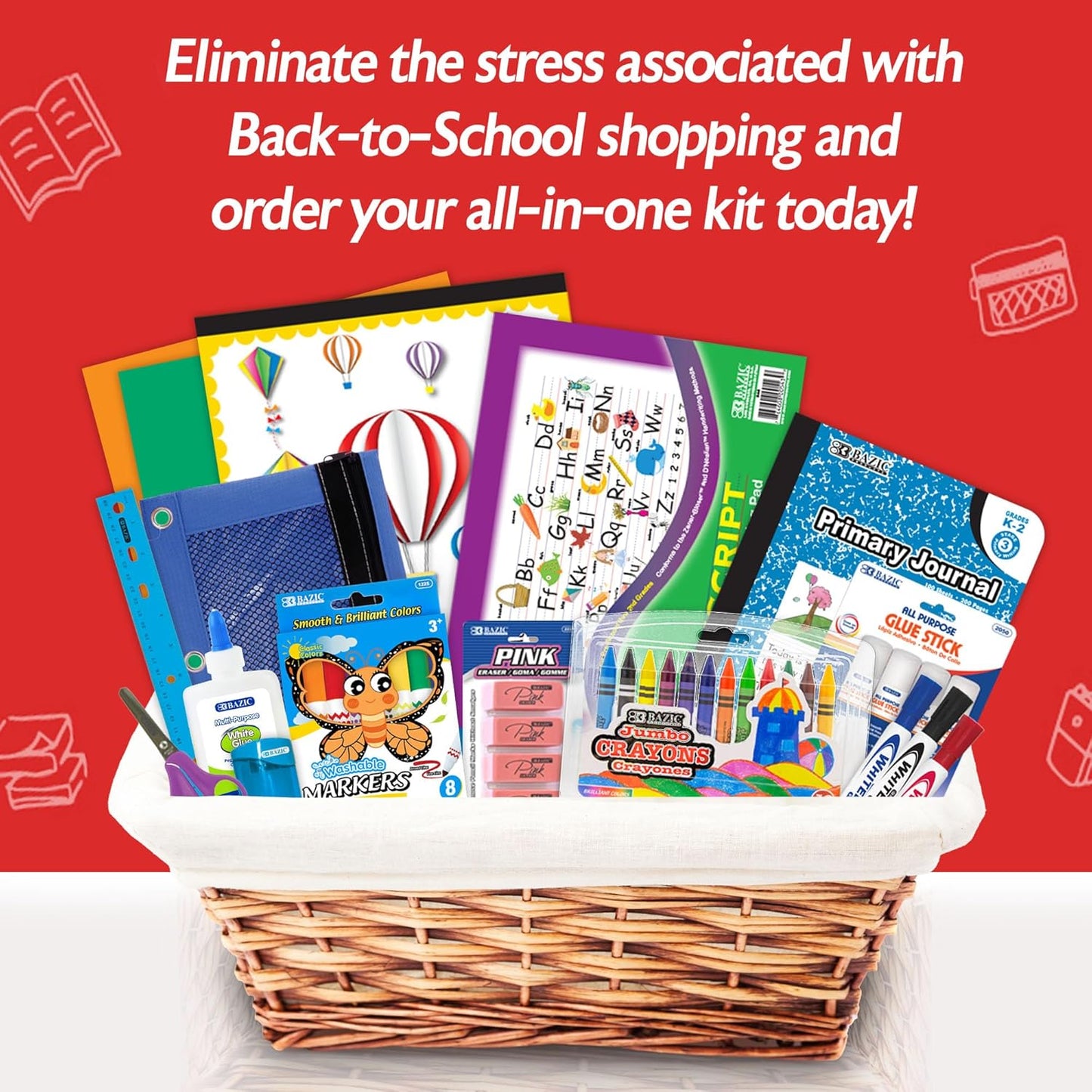 Primary School Kit Supply Box ✏️📓 | 57 Count Back‑to‑School Essentials for Kindergarten–Grade 6 🎨🖍️ | Composition Book + Coloring Pencils (Colors May Vary) | 1 Pack