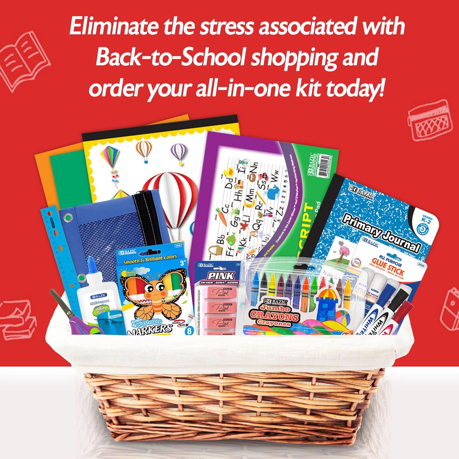 Primary School Supply Kit Box – 57 Count Back to School Essentials for Kindergarten to Grade 6 | Complete Student Classroom Supplies with Crayons, Markers, Notebook & Art Supplies