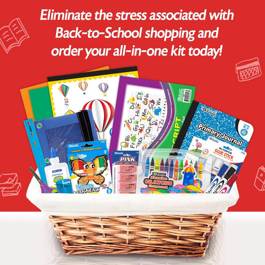 Primary School Kit Supply Box ✏️📓 | 57 Count Back‑to‑School Essentials for Kindergarten–Grade 6 🎨🖍️ | Composition Book + Coloring Pencils (Colors May Vary) | 1 Pack