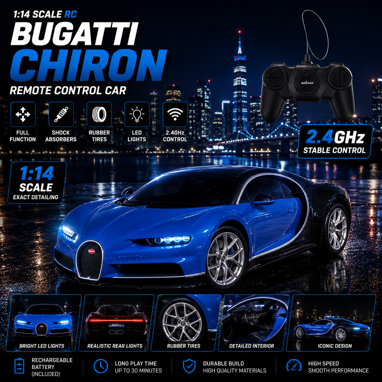 Blue and black 1:24 RC Bugatti Chiron Sport racing car