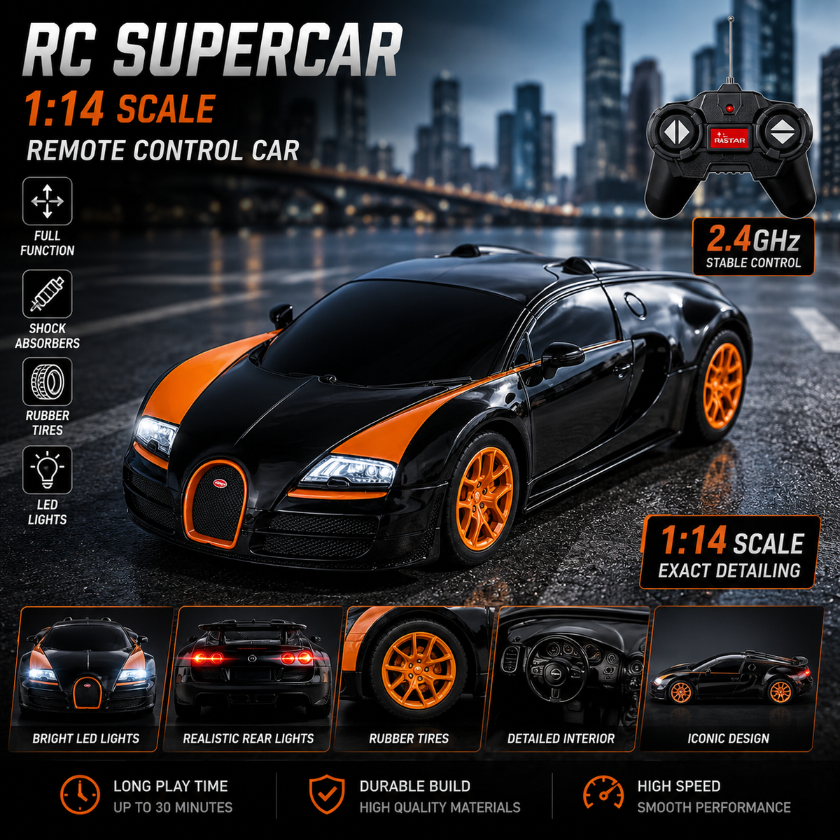 Realistic Bugatti Veyron remote control supercar in black and orange finish