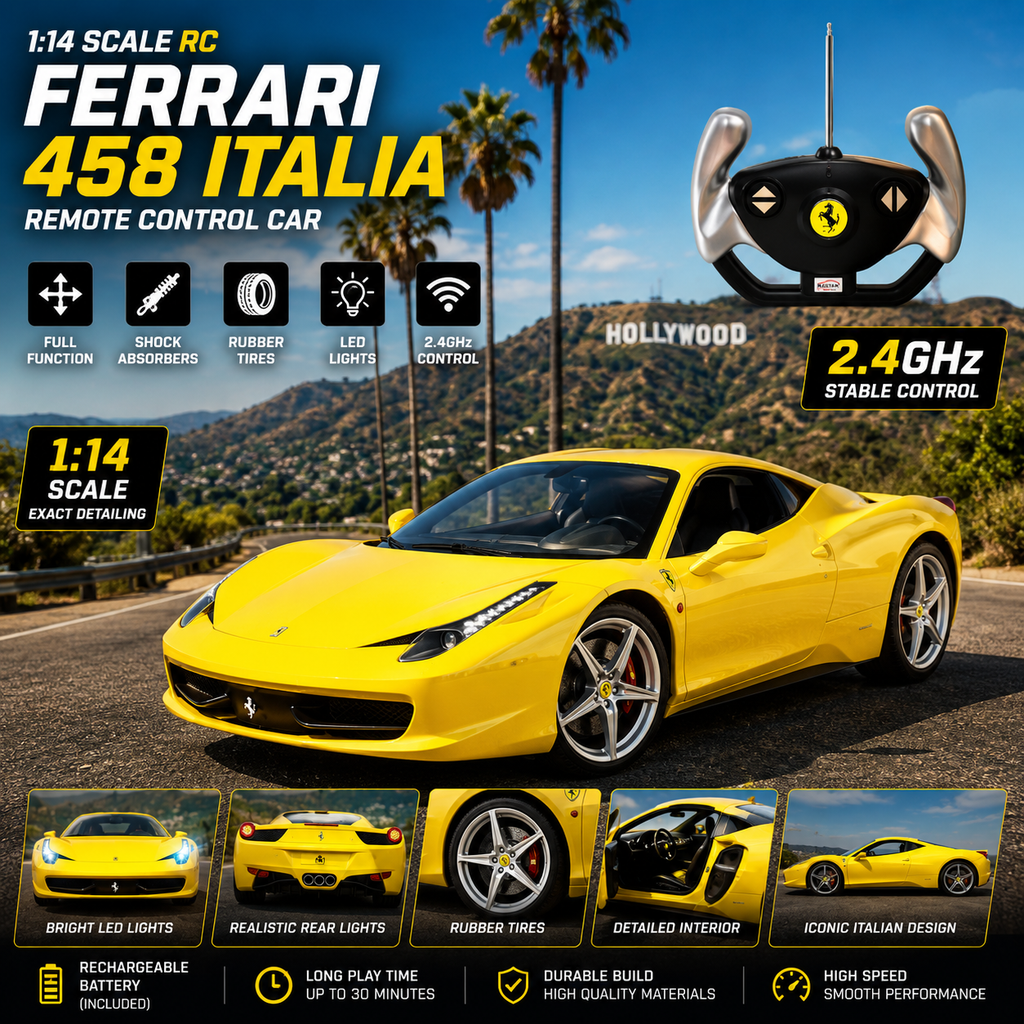 Yellow 1:14 RC Ferrari 458 Italia remote control sports car
