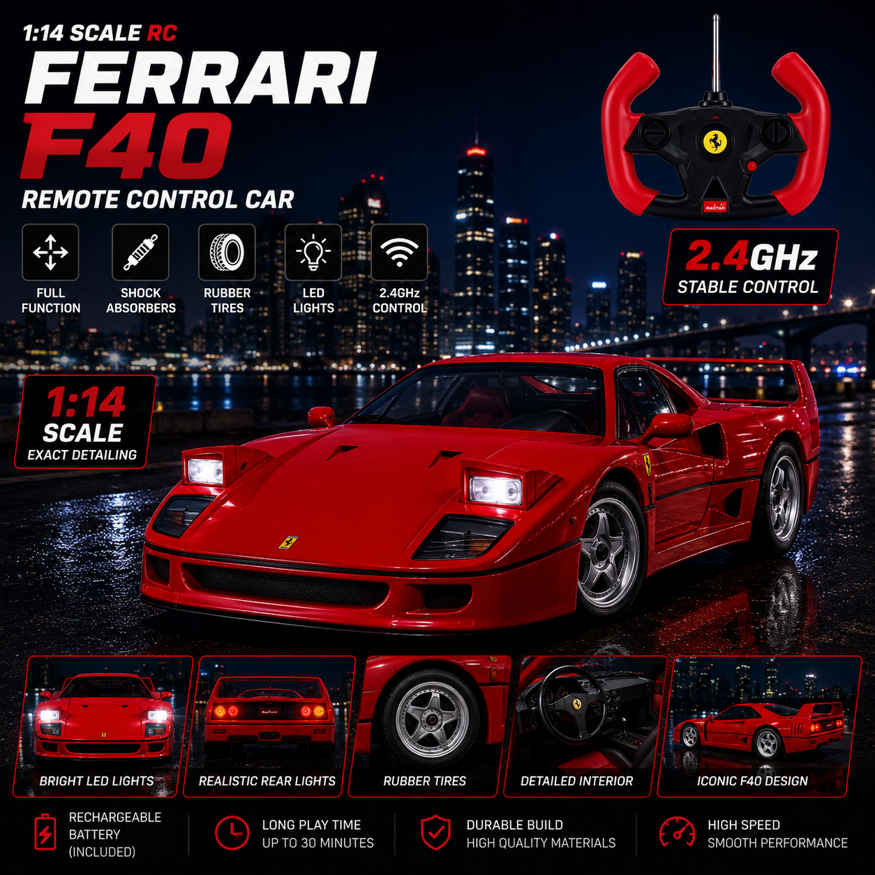 Red 1:14 RC Ferrari F40 remote control sports car
