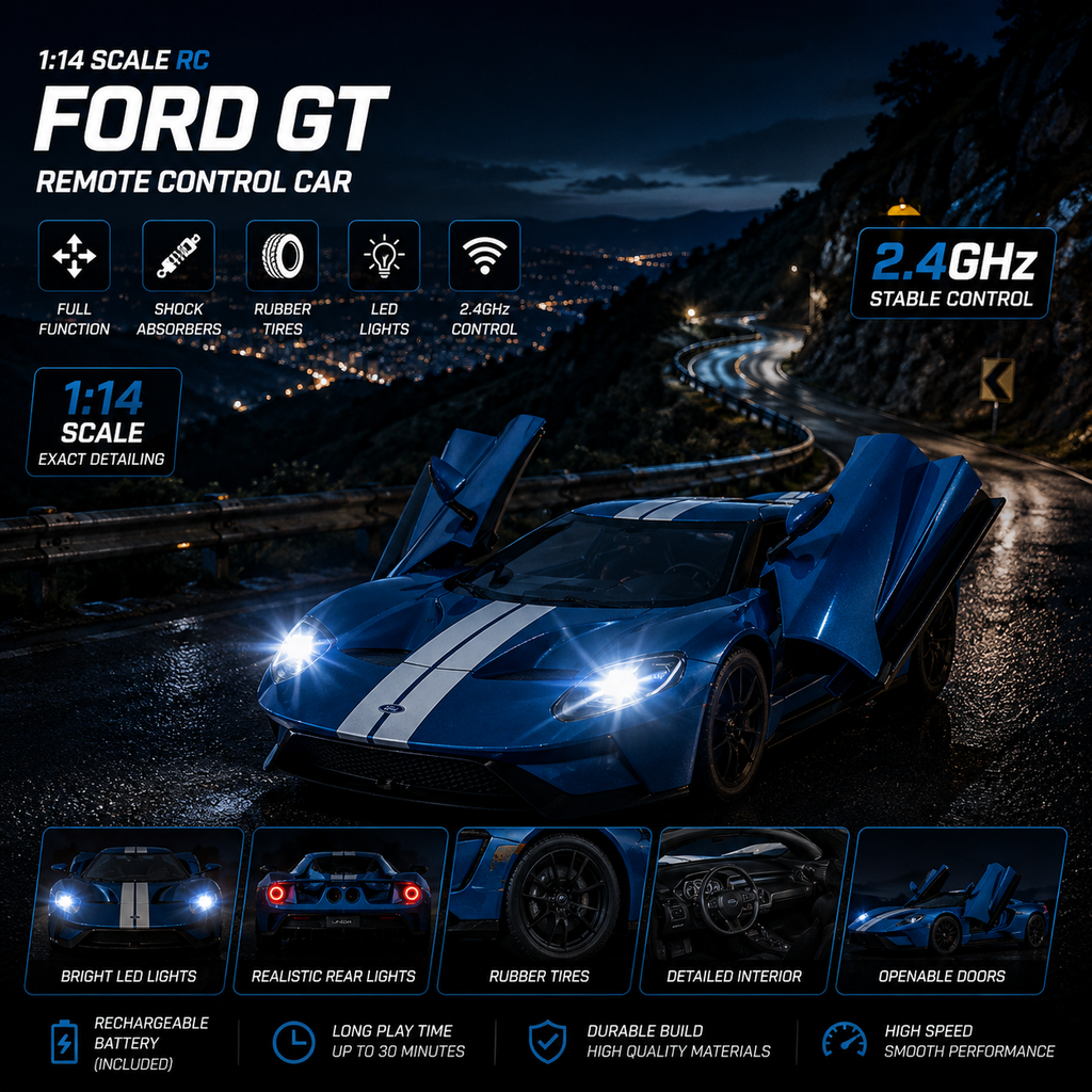 Blue 1:14 Ford GT remote control race toy car with open doors