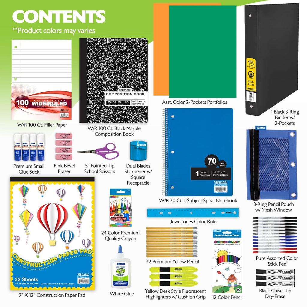 Elementary School Supply Kit Box – 86 Piece Back to School Supplies for Grades 3-6 | Pre-Packed Classroom Essentials with Pencils, Crayons, Binder & Notebook