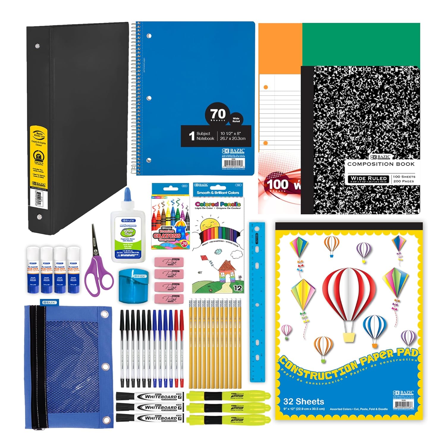 Elementary School Supply Kit Box – 86 Piece Back to School Supplies for Grades 3-6 | Pre-Packed Classroom Essentials with Pencils, Crayons, Binder & Notebook