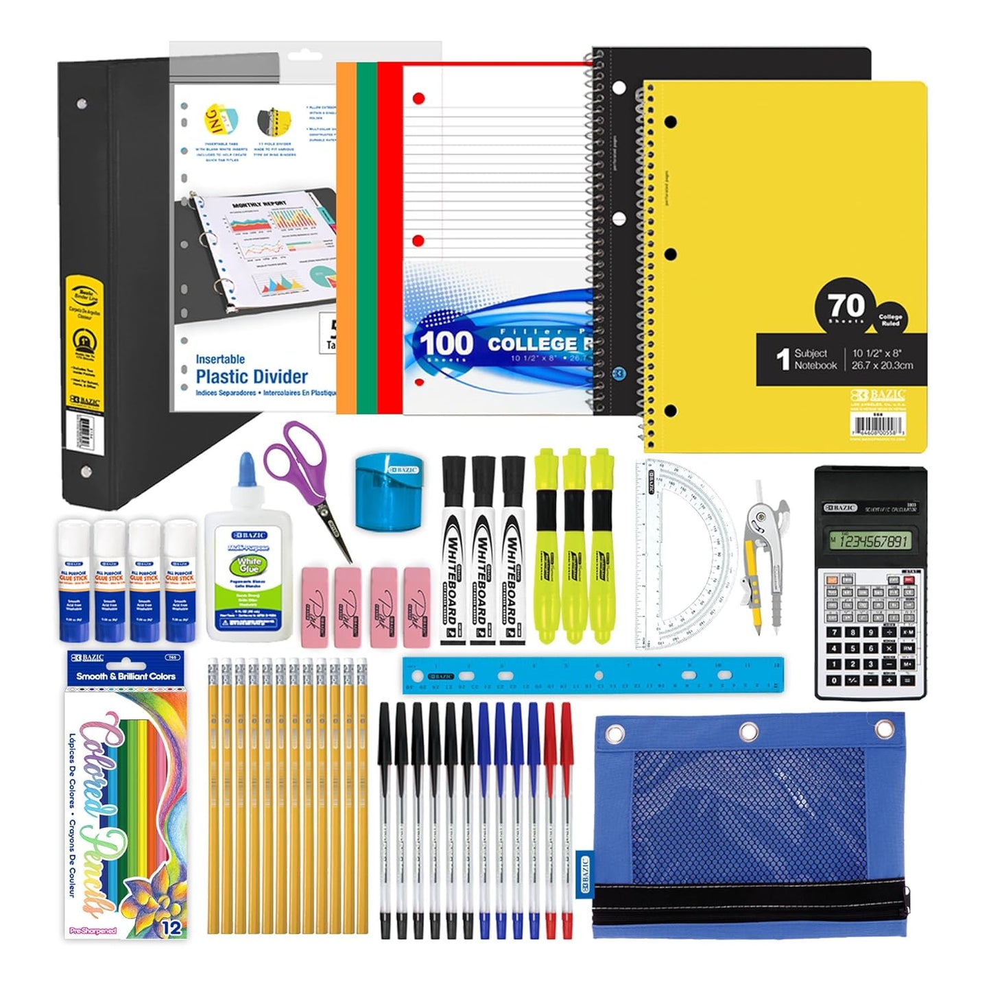 Middle & High School Supply Kit 📚✏️ 65‑Piece Back‑to‑School Essentials for Students Grades 7–12 🎒 | Composition Book, Compass, Calculator & More | 1‑Pack | Color May Vary