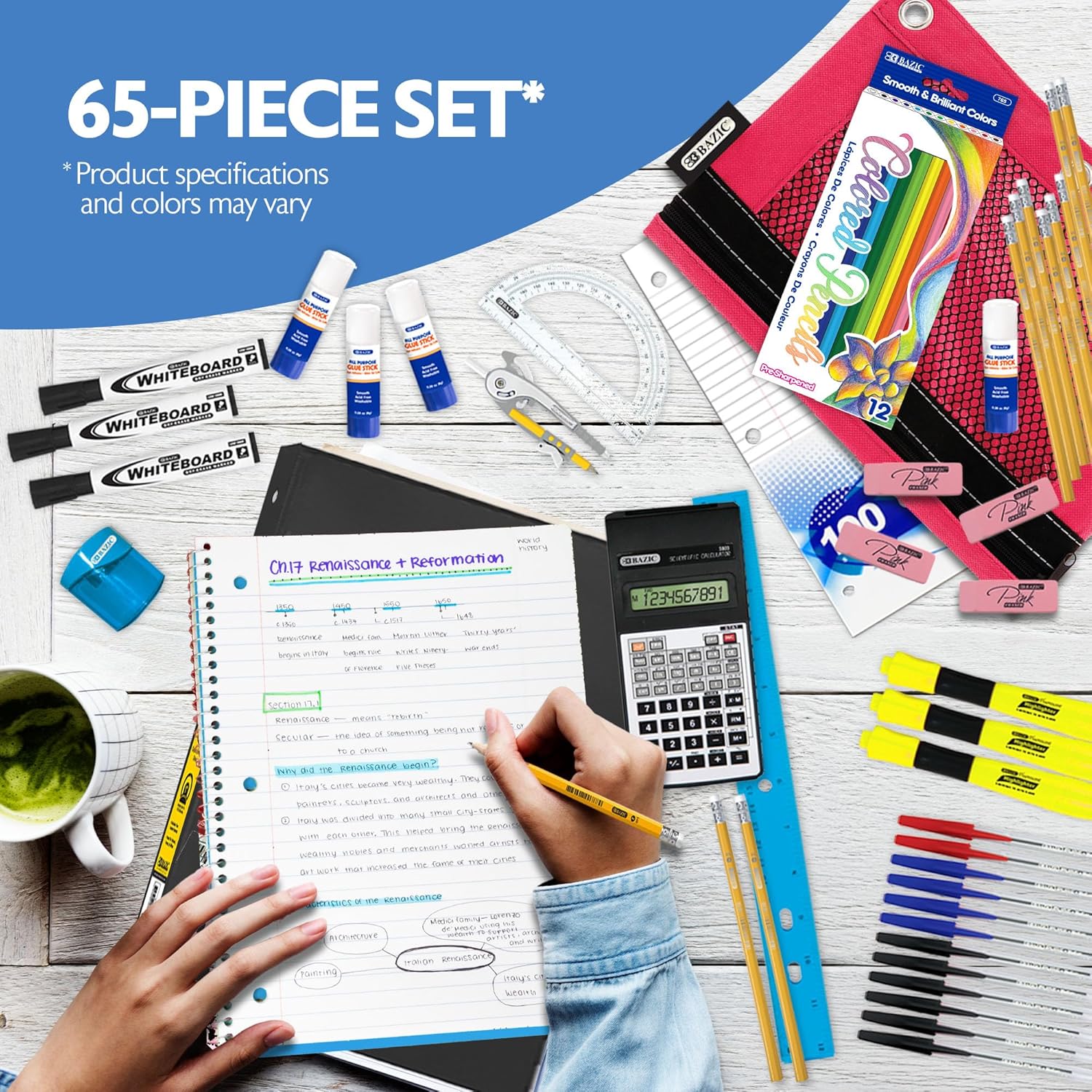 Middle & High School Supply Kit 📚✏️ 65‑Piece Back‑to‑School Essentials for Students Grades 7–12 🎒 | Composition Book, Compass, Calculator & More | 1‑Pack | Color May Vary