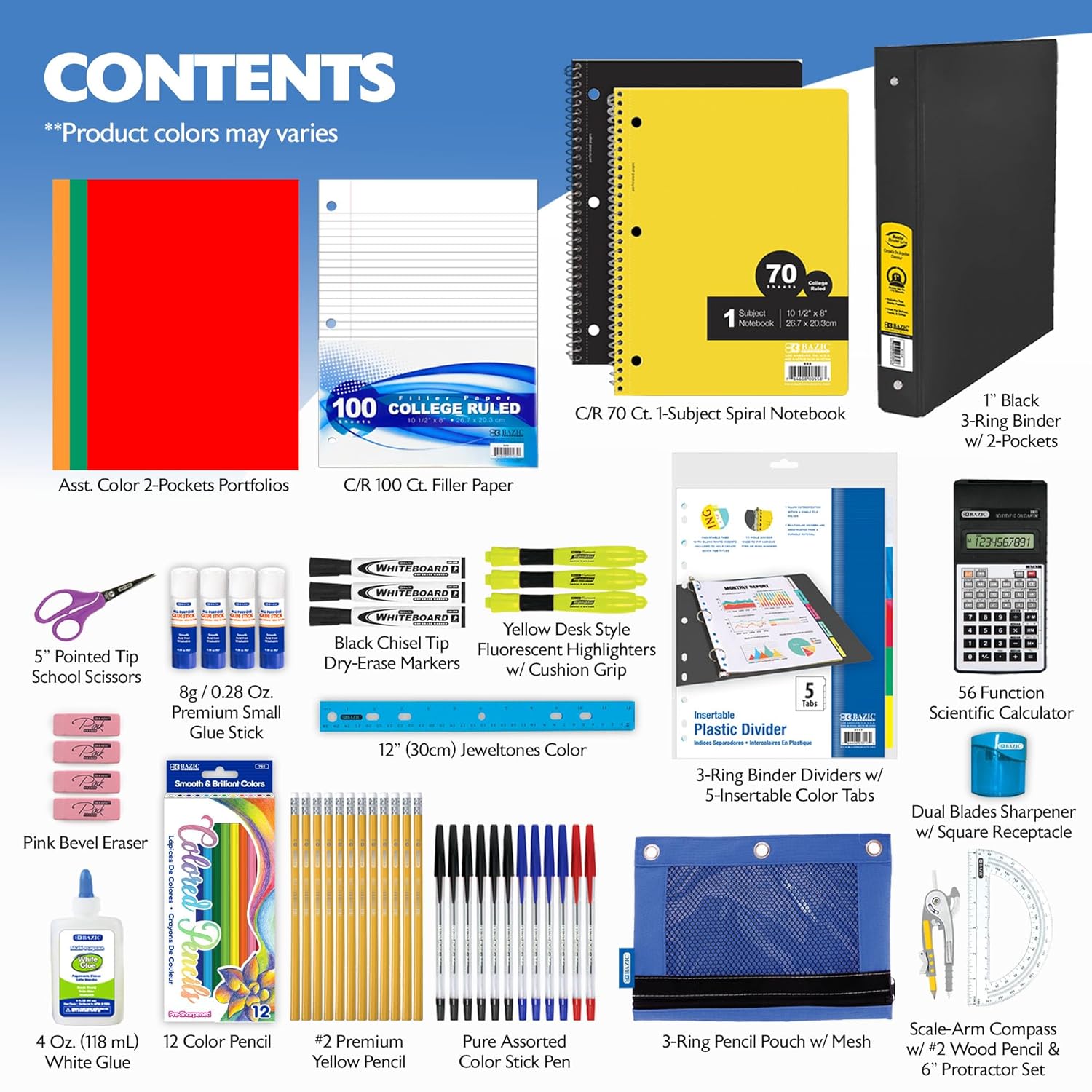 Middle & High School Supply Kit 📚✏️ 65‑Piece Back‑to‑School Essentials for Students Grades 7–12 🎒 | Composition Book, Compass, Calculator & More | 1‑Pack | Color May Vary