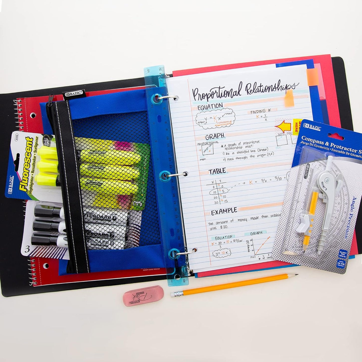 Middle & High School Supply Kit 📚✏️ 65‑Piece Back‑to‑School Essentials for Students Grades 7–12 🎒 | Composition Book, Compass, Calculator & More | 1‑Pack | Color May Vary