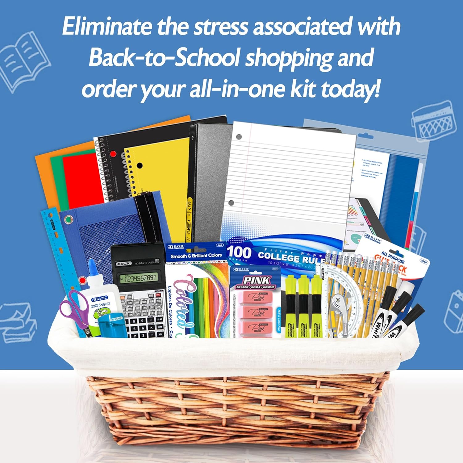 Middle & High School Supply Kit 📚✏️ 65‑Piece Back‑to‑School Essentials for Students Grades 7–12 🎒 | Composition Book, Compass, Calculator & More | 1‑Pack | Color May Vary