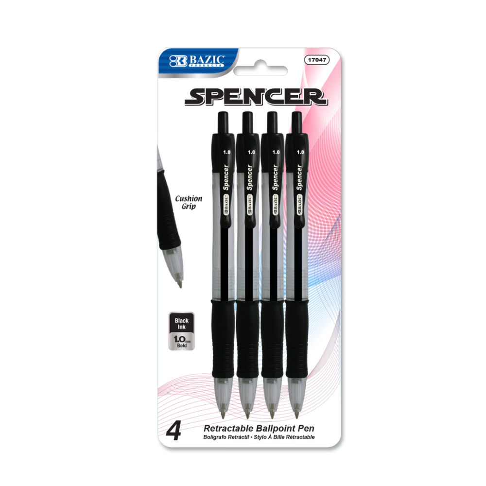 Ballpoint Spencer Black Retractable Pen Soft Grip 1.0 mm, (4-ct/Pack)