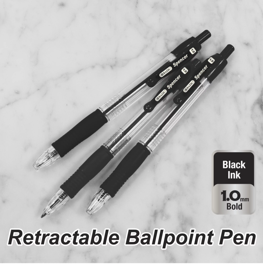 Ballpoint Spencer Black Retractable Pen Soft Grip 1.0 mm, (4-ct/Pack)