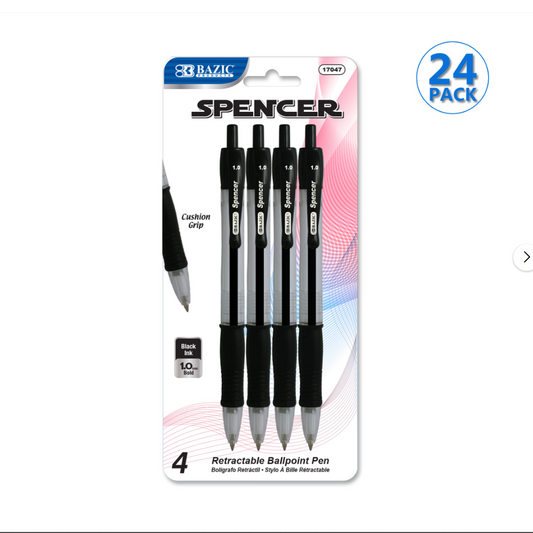 Ballpoint Spencer BLACK Retractable Pen with Soft Grip, 1.0mm, 4 Pens per Pack | 24-PACK