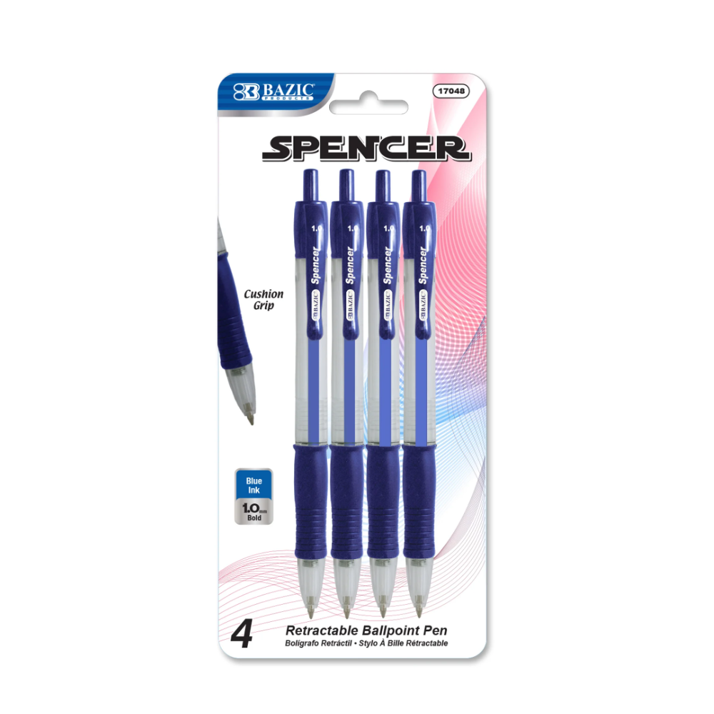 Ballpoint Spencer Black Retractable Pen Soft Grip 1.0 mm, (4-ct/Pack)