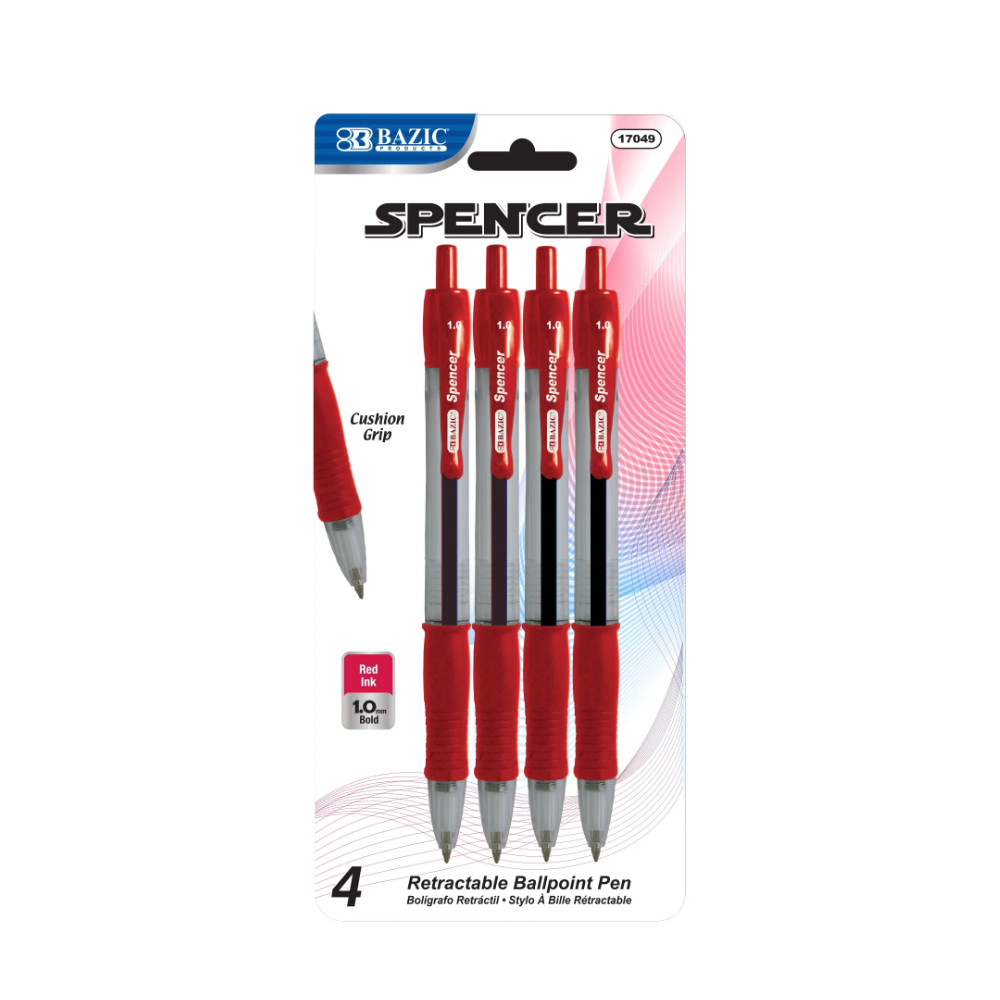 Ballpoint Spencer Black Retractable Pen Soft Grip 1.0 mm, (4-ct/Pack)