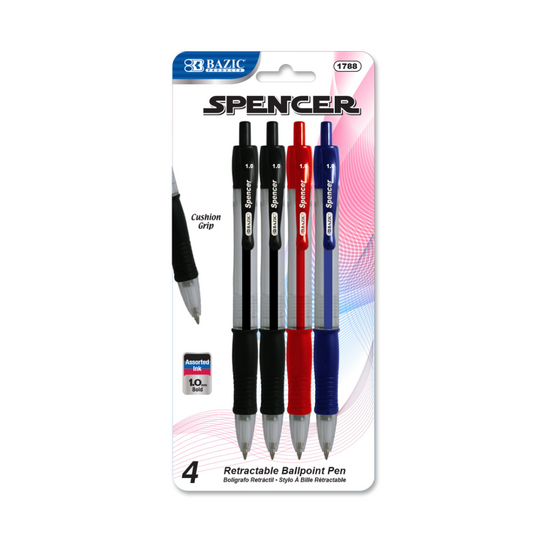 Ballpoint Spencer Black Retractable Pen Soft Grip 1.0 mm, (4-ct/Pack)