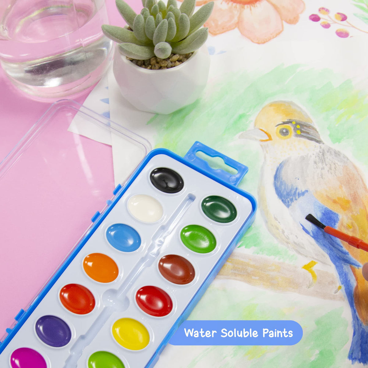 Watercolor w/ Brush Semi Moist 16 Color, Non-Toxic Paint Set