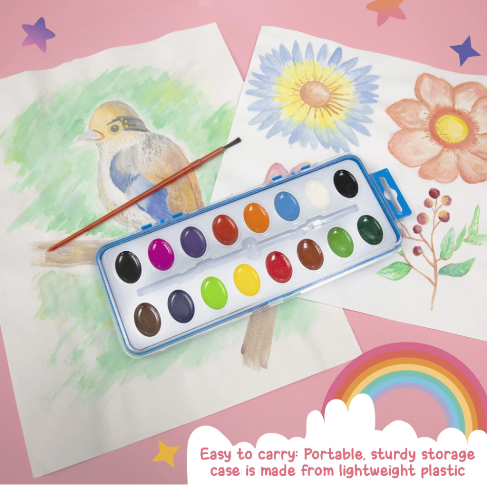 Watercolor w/ Brush Semi Moist 16 Color, Non-Toxic Paint Set