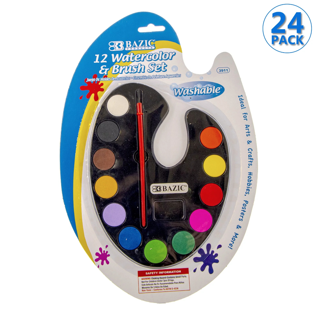 12-color, non-toxic, washable watercolor paint set with brush included