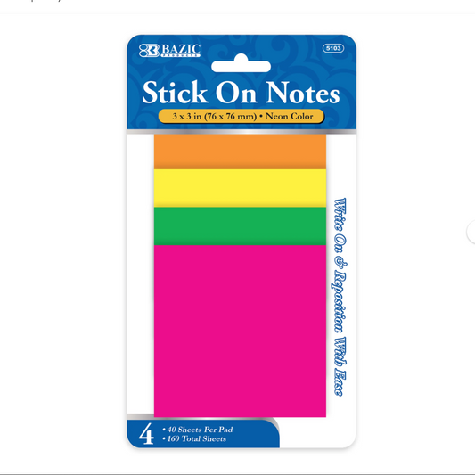 Sticky Notes 3x3 Neon Assorted Colors, (160 Sheets/Pack)