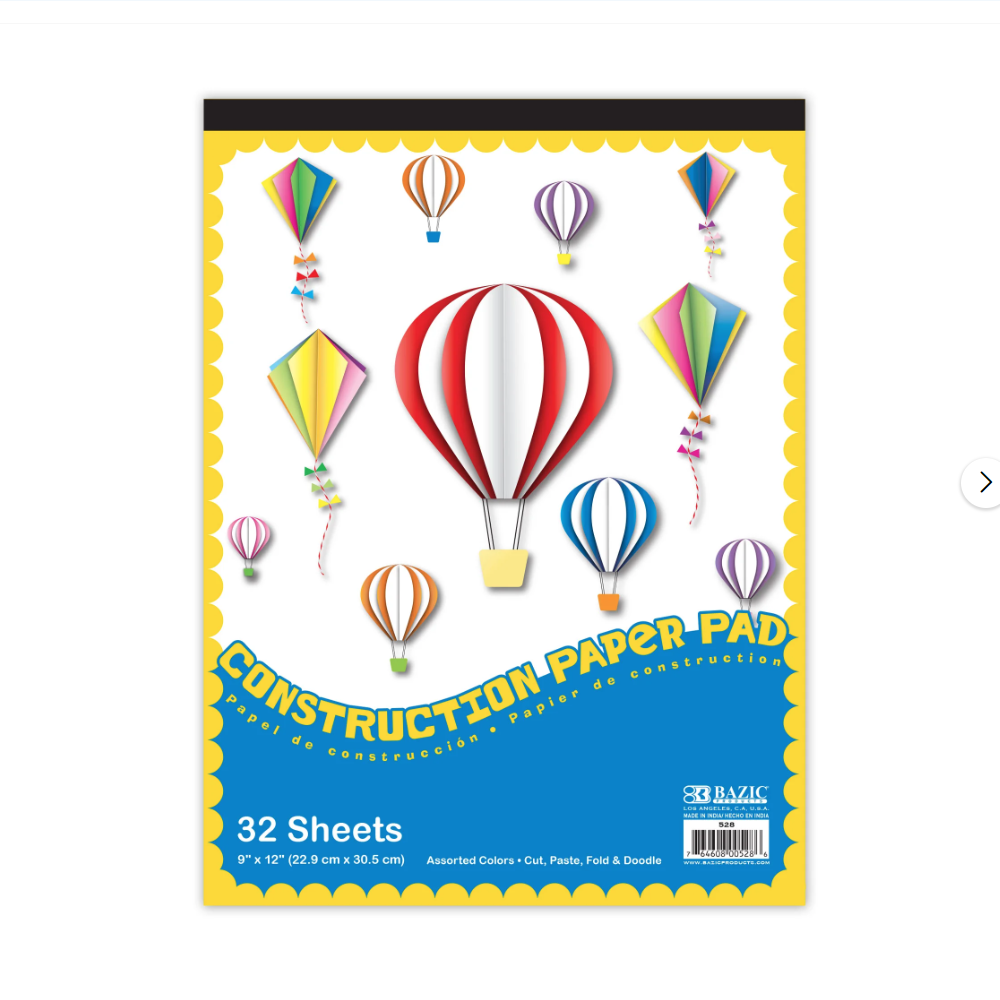 Construction Paper Pad, 32 Sheets, 9" x 12", Assorted Colors