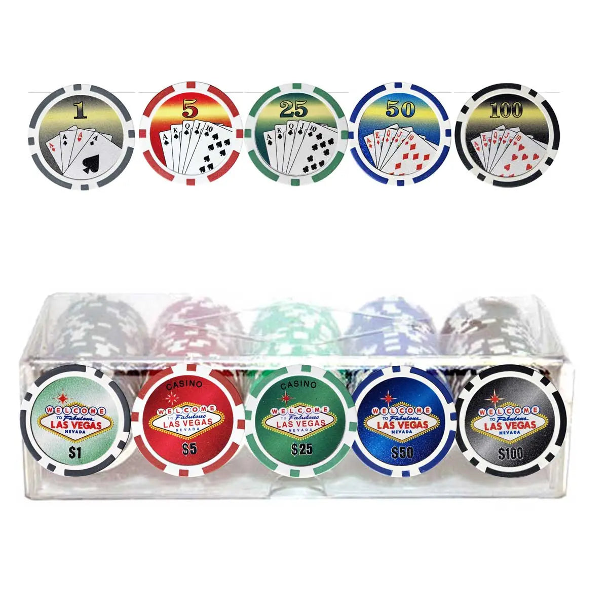 100‑Piece 11.5g Poker Chips Set with Dice, Suited & Las Vegas Designs in Clear Plastic Case G8Central