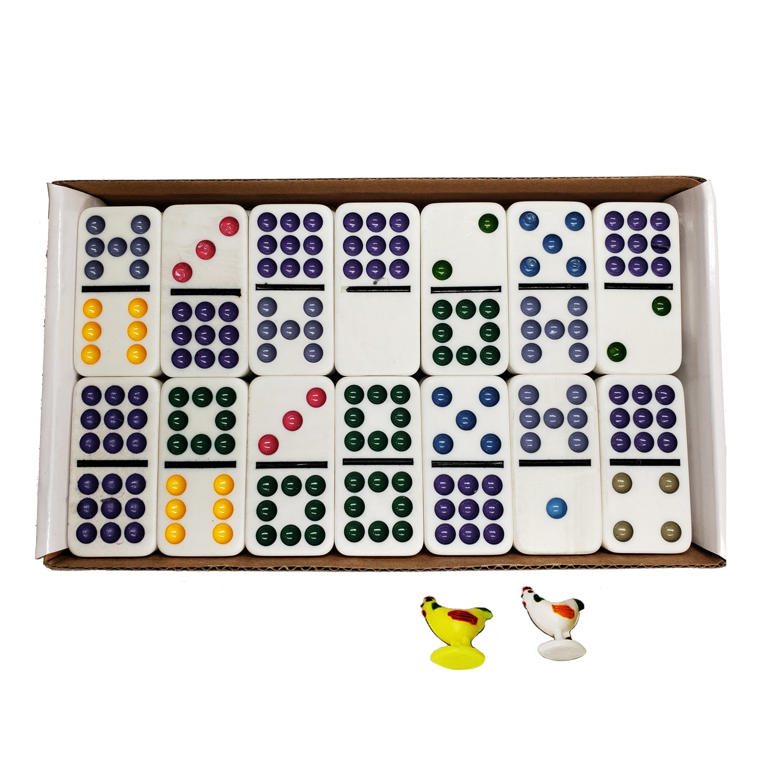 Professional Double-9 Chicken Domino Set with a centerpiece and two chicken markers | COLOR DOTS